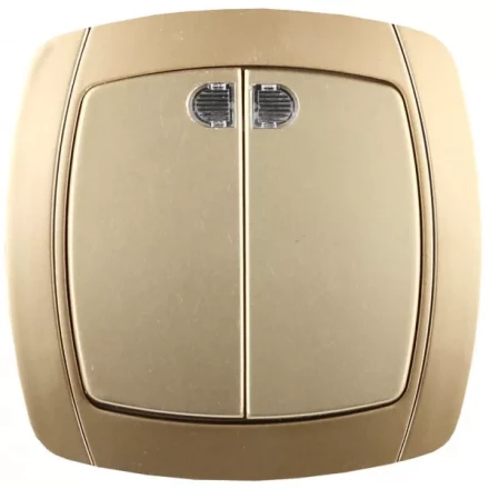 Выключатель СВЕТОЗАР &quot;АКЦЕНТ&quot; двухклавишный в сборе, с подсветкой, цвет золотой металлик, 10А/~250В SV-54235-GM купить в Перми