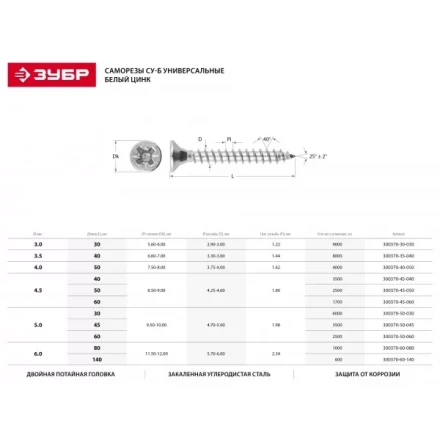 Саморезы СУ-Б универсальные, 50 x 4.5 мм, 2 500 шт, белый цинк, ЗУБР 300370-45-050 купить в Перми