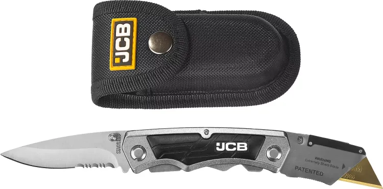 Нож JCB складной многофункц, трапец лезвие, тип "А24", перочин лезвие с серрейтор заточкой, мет корпус, чехол, 5 лезвий JLC003 купить в Перми