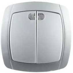 Выключатель СВЕТОЗАР "АКЦЕНТ" двухклавишный в сборе, с подсветкой, цвет серебристый металлик, 10А/~250В SV-54235-SM