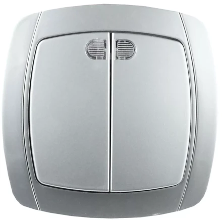 Выключатель СВЕТОЗАР &quot;АКЦЕНТ&quot; двухклавишный в сборе, с подсветкой, цвет серебристый металлик, 10А/~250В SV-54235-SM купить в Перми