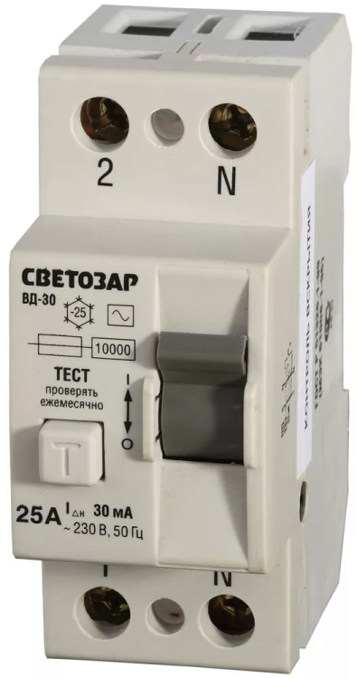 Выключатель дифференциальный "УЗО" СВЕТОЗАР, 2-полюсный, 25 A, "AC", откл. диф.ток. 30 мА, 230 В SV-49152-30-25 купить в Перми