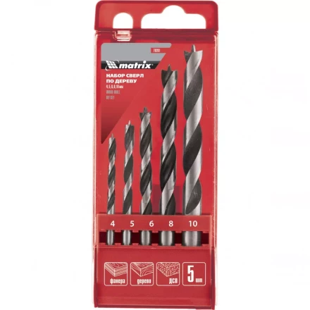 Набор сверл по дереву 4-5-6-8-10мм  цилиндрический хвостовик пластиковый кейс MATRIX 70281 купить в Перми