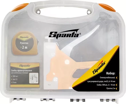 Набор: степлер мебельный регулируемый скобы 500 шт рулетка 2м. тип скобы 53 6-14 мм Sparta 42003 купить в Перми