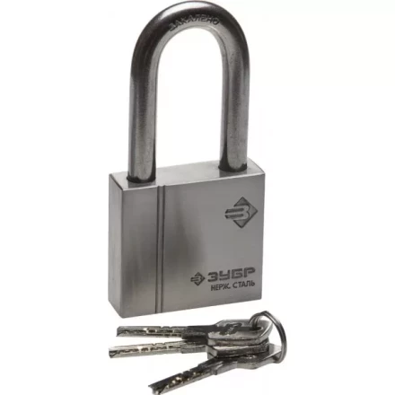 Замок ЗУБР &quot;ЭКСПЕРТ&quot; навесной, нержавеющая сталь (корпус и дужка), удлиненная закаленная дужка, 60мм 37290-60-1 купить в Перми