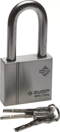 Замок ЗУБР &quot;ЭКСПЕРТ&quot; навесной, нержавеющая сталь (корпус и дужка), удлиненная закаленная дужка, 60мм 37290-60-1 купить в Перми