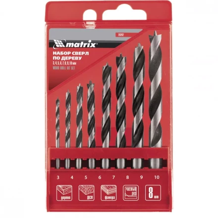 Набор сверл по дереву   3-4-5-6-7-8-9-10мм цилиндрический  хвостовик  пластиковый кейс MATRIX 70282 купить в Перми