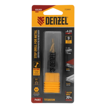 Сверло ступенчатое Denzel 723604, 6-8-10-12-14-16-18-20-22-24-26-28-30мм, Р6М5, 6-гр. хвостовик купить в Перми