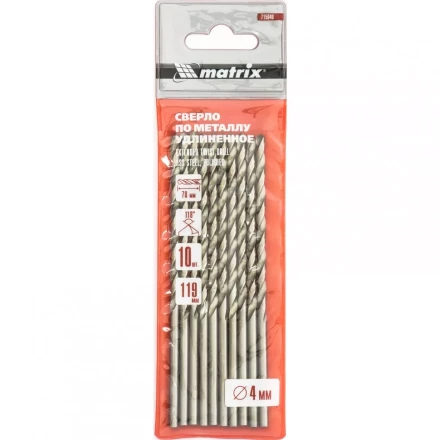 Сверло по металлу 4,0 х 119 мм полированное удлиненное HSS 10 штук цилиндрический хвостовик MATRIX 715040 купить в Перми