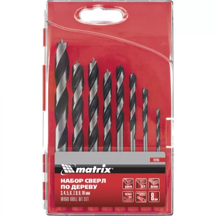 Набор сверл по дереву  3-4-5-6-7-8-9-10мм 6-гранный хвостовик  пластиковый кейс MATRIX 70285 купить в Перми