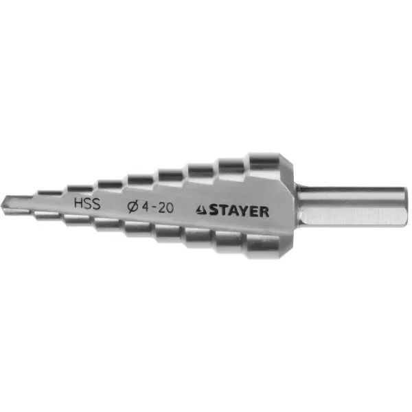 Сверло STAYER "MASTER" ступенчатое по сталям и цвет.мет., сталь HSS, d=4-20мм, 9ступ.d 4-20, L-75 мм,трехгран. хвост. 8мм 29660-4-20-9 купить в Перми
