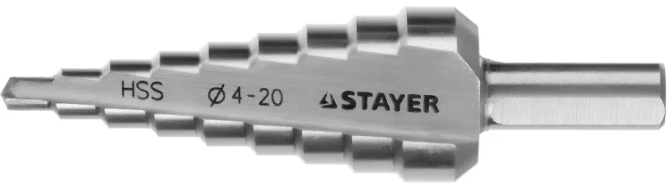 Сверло STAYER "MASTER" ступенчатое по сталям и цвет.мет., сталь HSS, d=4-20мм, 9ступ.d 4-20, L-75 мм,трехгран. хвост. 8мм 29660-4-20-9 купить в Перми