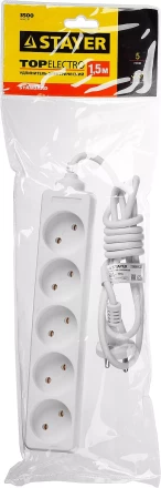 Удлинитель &quot;TOPELECTRO&quot; электрический, ПВС 2х1мм2, 5 гнезд, 3500 Вт, 1.5м, STAYER 55050-1.5 купить в Перми