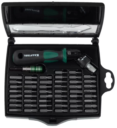 Отвертка KRAFTOOL &quot;EXPERT&quot;, реверсивно-рычажная, с битами и головками, 52шт 25555-H52 купить в Перми