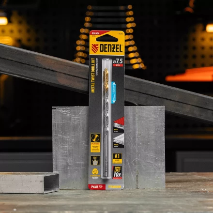 Сверло спиральное по металлу Denzel, 7,5 х 156 мм, Р6М5, Golden Tip, удлиненное, 718259 купить в Перми