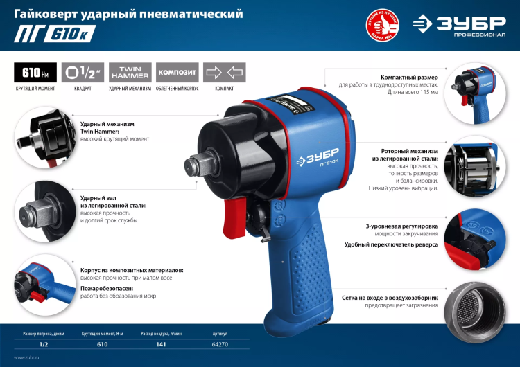 Ударный пневмогайковерт ПГ-610к 64270 серия ПРОФЕССИОНАЛ купить в Перми