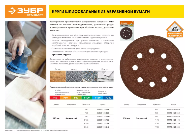 Круг шлифовальный ЗУБР "СТАНДАРТ" из абразивной бумаги на велкро основе, 6 отв., Р80, 150мм, 5шт 35350-150-080 купить в Перми