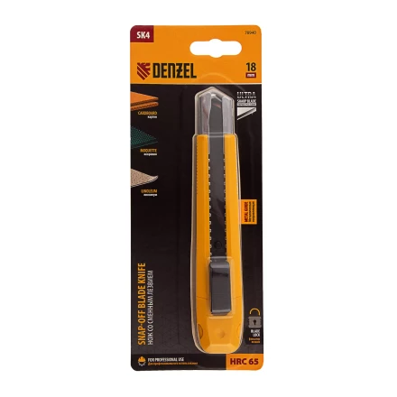 Нож Denzel, 18 мм, сменное лезвие, SK4, метал. направляющая, клипса, нажимной фиксатор, 78940 купить в Перми