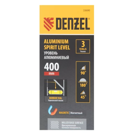 Уровень алюминиевый Denzel 33690, магнит., фрезерованный, 3 глазка (1 зеркал.), 0,5 мм/м, 400 мм купить в Перми