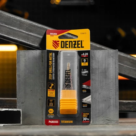Сверло ступенчатое Denzel 723613, 4-6-8-10-12-14-16-18-20 мм, Р6М5К5, 6-гр. хвостовик купить в Перми