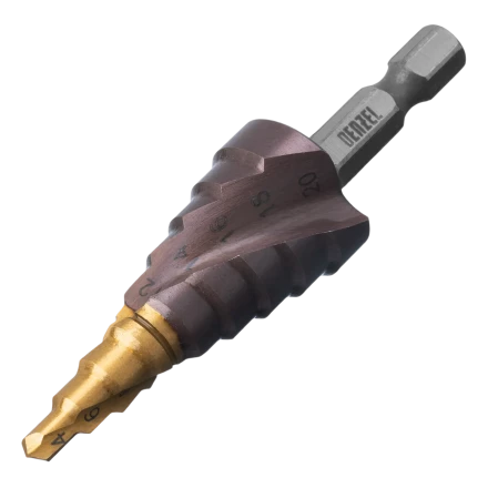 Сверло ступенчатое Denzel 723613, 4-6-8-10-12-14-16-18-20 мм, Р6М5К5, 6-гр. хвостовик купить в Перми