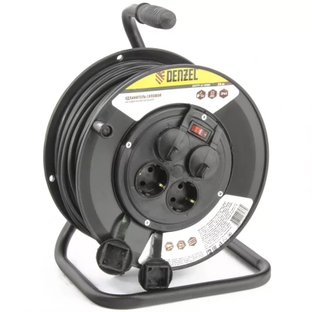 Удлинитель силовой на кабельной катушке 50м 4 розетки с крышкой IP44 16А серия УХз16 DENZEL 95908 купить в Перми