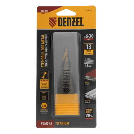 Сверло ступенчатое Denzel 723614, 6-8-10-12-14-16-18-20-22-24-26-28-30мм, Р6М5К5, 6-гр. хвостовик купить в Перми