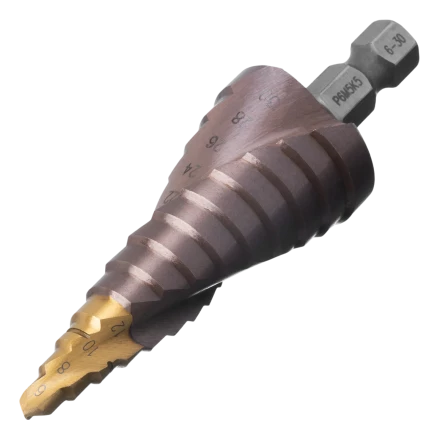 Сверло ступенчатое Denzel 723614, 6-8-10-12-14-16-18-20-22-24-26-28-30мм, Р6М5К5, 6-гр. хвостовик купить в Перми