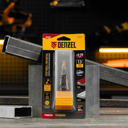 Сверло ступенчатое Denzel 723614, 6-8-10-12-14-16-18-20-22-24-26-28-30мм, Р6М5К5, 6-гр. хвостовик купить в Перми