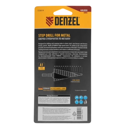 Сверло ступенчатое Denzel 723614, 6-8-10-12-14-16-18-20-22-24-26-28-30мм, Р6М5К5, 6-гр. хвостовик купить в Перми