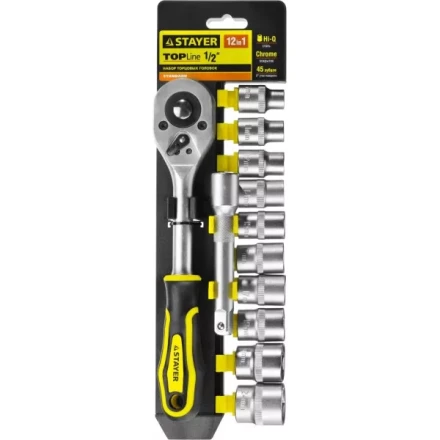 Набор STAYER &quot;STANDARD&quot;: Торцовые головки (1/2&quot;) на пластиковом рельсе, трещотка, удлинитель, 10-24мм, 12 предметов 27750-H12 купить в Перми