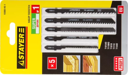Набор STAYER &quot;PROFI&quot; Пилки &quot;УНИВЕРСАЛ №1&quot; для эл/лобзика, по дереву, EU-хвост., 5шт 15980-H5-1 купить в Перми