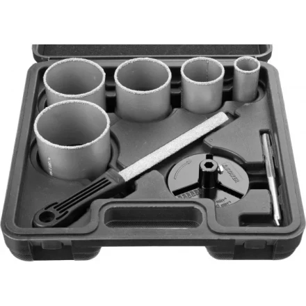 Набор STAYER &quot;PROFESSIONAL&quot;: Коронки с основанием и центровочным сверлом, напильник, d=33, 53, 67, 73, 83мм, 8предм 33345-H8 купить в Перми