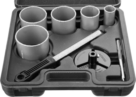 Набор STAYER &quot;PROFESSIONAL&quot;: Коронки с основанием и центровочным сверлом, напильник, d=33, 53, 67, 73, 83мм, 8предм 33345-H8 купить в Перми