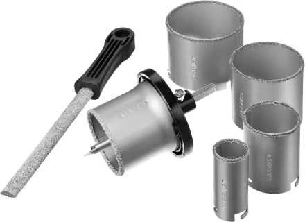 Набор STAYER &quot;PROFESSIONAL&quot;: Коронки с основанием и центровочным сверлом, напильник, d=33, 53, 67, 73, 83мм, 8предм 33345-H8 купить в Перми