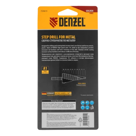 Сверло ступенчатое Denzel 723615, 9-12-15-18-21-24-27-30-33-36 мм, Р6М5К5, 6-гр. хвостовик купить в Перми
