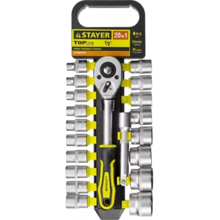 Набор STAYER &quot;STANDARD&quot;: Торцовые головки (1/2&quot;) на пластиковом рельсе, трещотка, удлинитель, 8-32мм, 20 предметов 27750-H20 купить в Перми