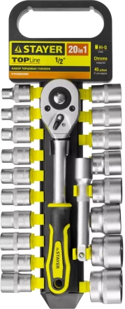 Набор STAYER &quot;STANDARD&quot;: Торцовые головки (1/2&quot;) на пластиковом рельсе, трещотка, удлинитель, 8-32мм, 20 предметов 27750-H20 купить в Перми