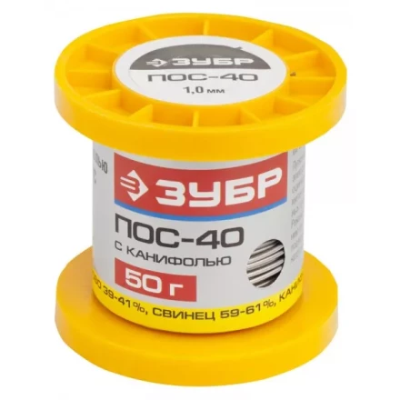 Припой ЗУБР, ПОС 40, трубка с канифолью, 50г, 1мм 55451-050-10C купить в Перми