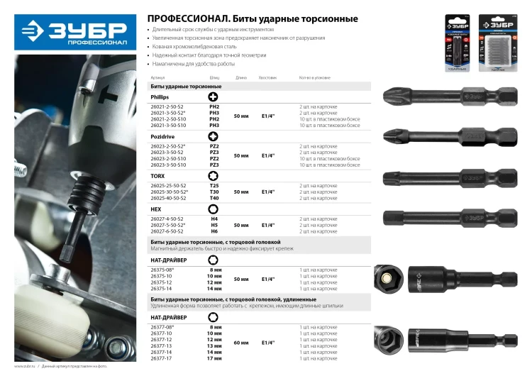 Биты ЗУБР "ПРОФИ" Phillips, тип хвостовика E 1/4", PH2, 50мм, 2шт, на карточке 26021-2-50-S2 купить в Перми