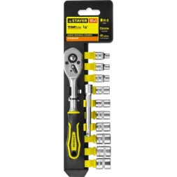 Набор STAYER "STANDARD": Торцовые головки (1/4") на пластиковом рельсе, трещотка, удлинитель, 4-13мм, 12 предметов 27754-H12