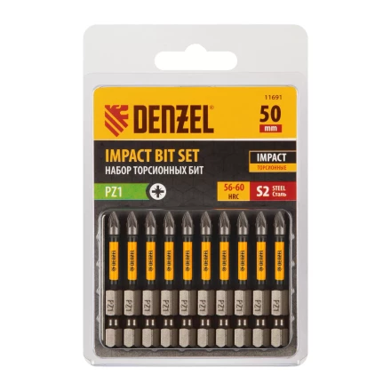 Бита IMPACT, PZ1x50 мм, лазерная обработка шлица, сталь S2, 10 шт., Е 6,3 Denzel 11691 купить в Перми