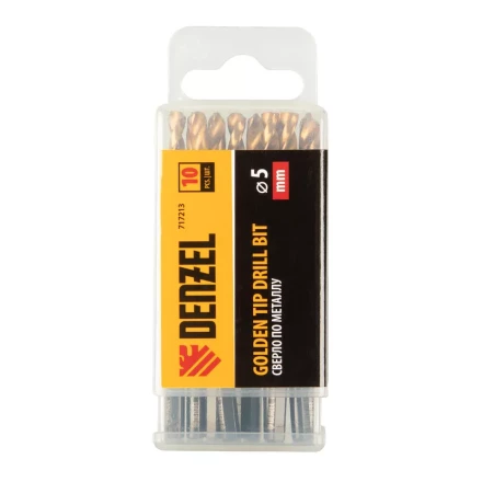 Сверло по металлу Denzel, 5 мм, HSS-Tin, Golden Tip, набор 10 шт., 717213 купить в Перми