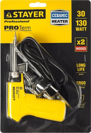 Паяльник с пистолетной пластмассовой рукояткой, STAYER &quot;PROFI&quot; PROTerm, 55308-130, 30 - 130 Вт, с керамическим нагревательным элементом 55308-130 купить в Перми