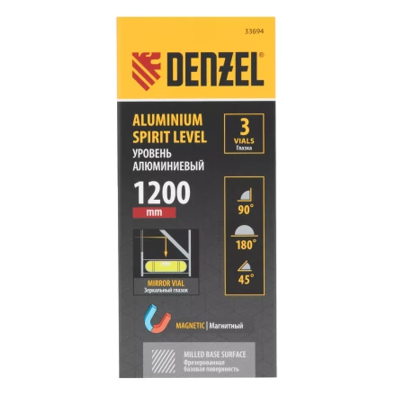 Уровень алюминиевый Denzel 33694, магнит, фрезерованный, 3 глазка (1 зеркал.), 0,5 мм/м, 1200 мм купить в Перми