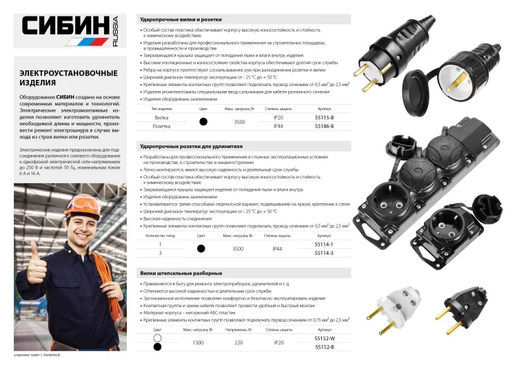 Вилка СИБИН электрическая, разборная, 6А/220В, белая 55152-W купить в Перми