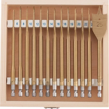 Набор сверл перовых по дереву 6-8-10-12-13-14-16-18-19-20-22-24-25 мм 13 штук деревянный кейс MATRIX 70442 купить в Перми