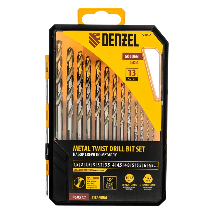Набор сверл по металлу Denzel 723002, 1,5-6,5мм, Р6М5-TiN, Golden Tip, 13 шт купить в Перми