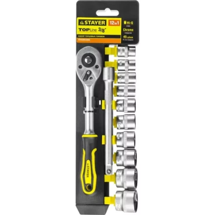 Набор STAYER &quot;STANDARD&quot;: Торцовые головки (3/8&quot;) на пластиковом рельсе, трещотка, удлинитель, 10-24мм, 12 предметов 27752-H12 купить в Перми