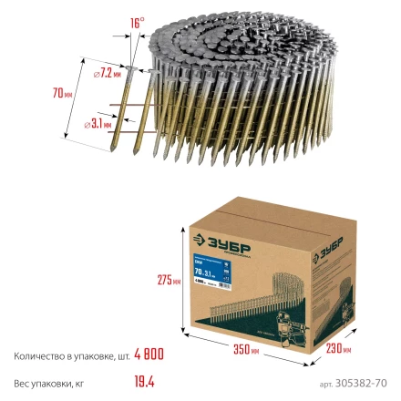ЗУБР CNW 70 х 3.1 мм, барабанные гвозди рифленые, 4800 шт (305382-70) купить в Перми